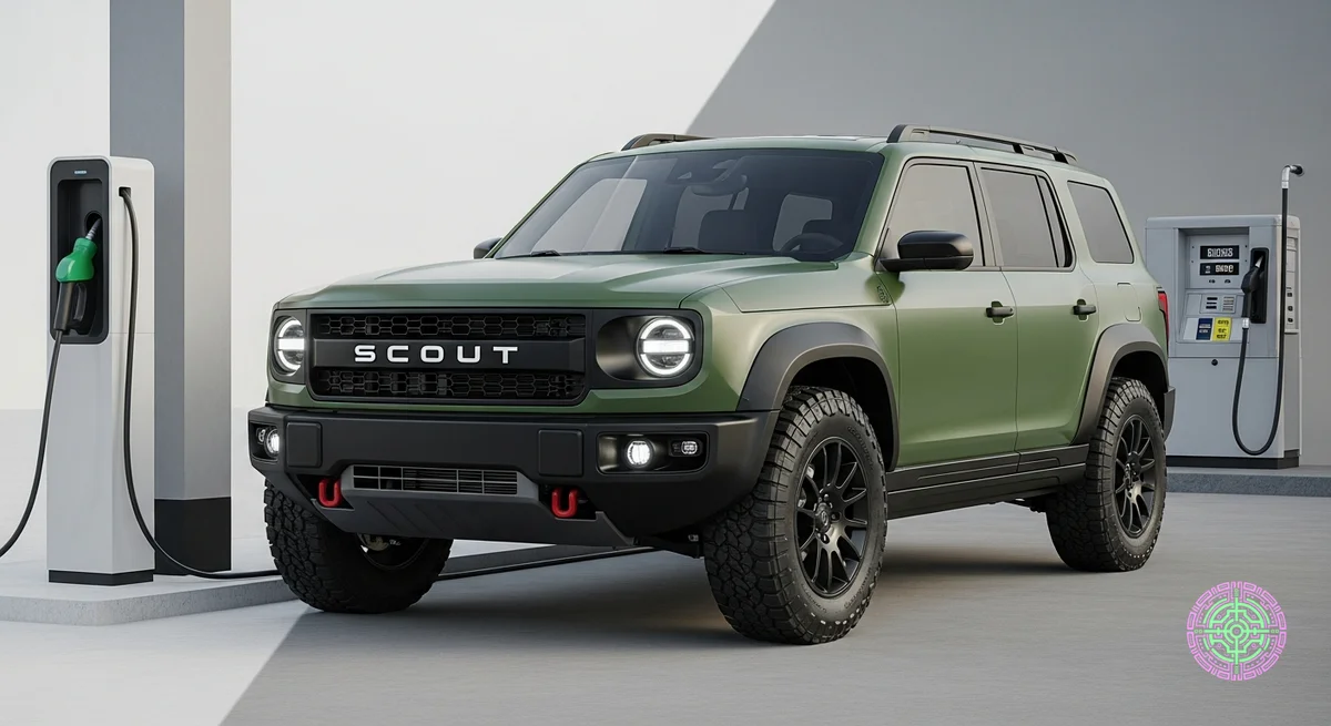 Scout Traveler SUV，前 3/4 视图，四四方方的复古现代设计，独特的黑色前格栅带有 SCOUT 字母，圆形 LED 大灯，坚固的越野轮胎，哑光绿色油漆，带有充电器和加油泵背景的分割构图，照片写实，8k