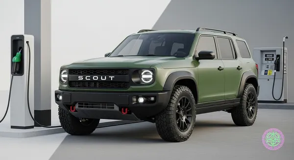 Scout Traveler SUV, front 3/4 view, boxy retro-modern design, distinct black front grille with SCOUT lettering, round LED headlights, rugged off-road tires, matte green paint, split composition with electric charger and gas pump background, photorealistic, 8k