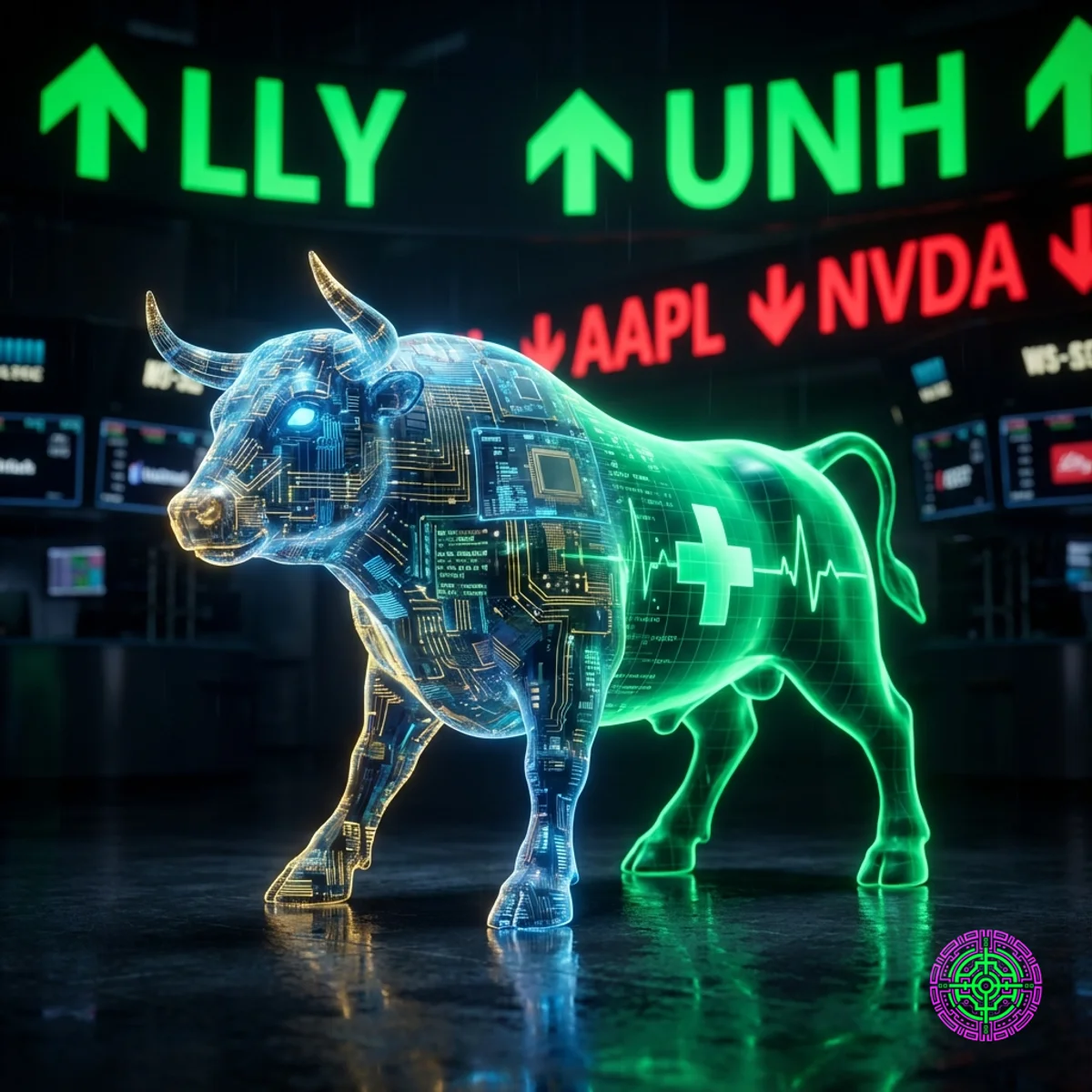 Uma escultura digital de um touro em transição de um padrão de placa de circuito para uma linha de pulso cruzada médica brilhante em um pregão.