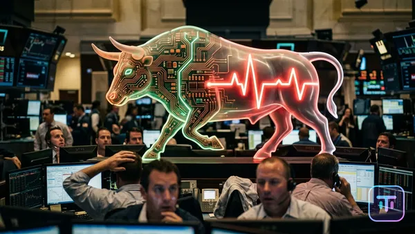 Eine digitale Bullen-Skulptur, die von einem Leiterplattenmuster zu einer leuchtenden medizinischen Kreuzimpulslinie auf einem Börsenparkett übergeht.