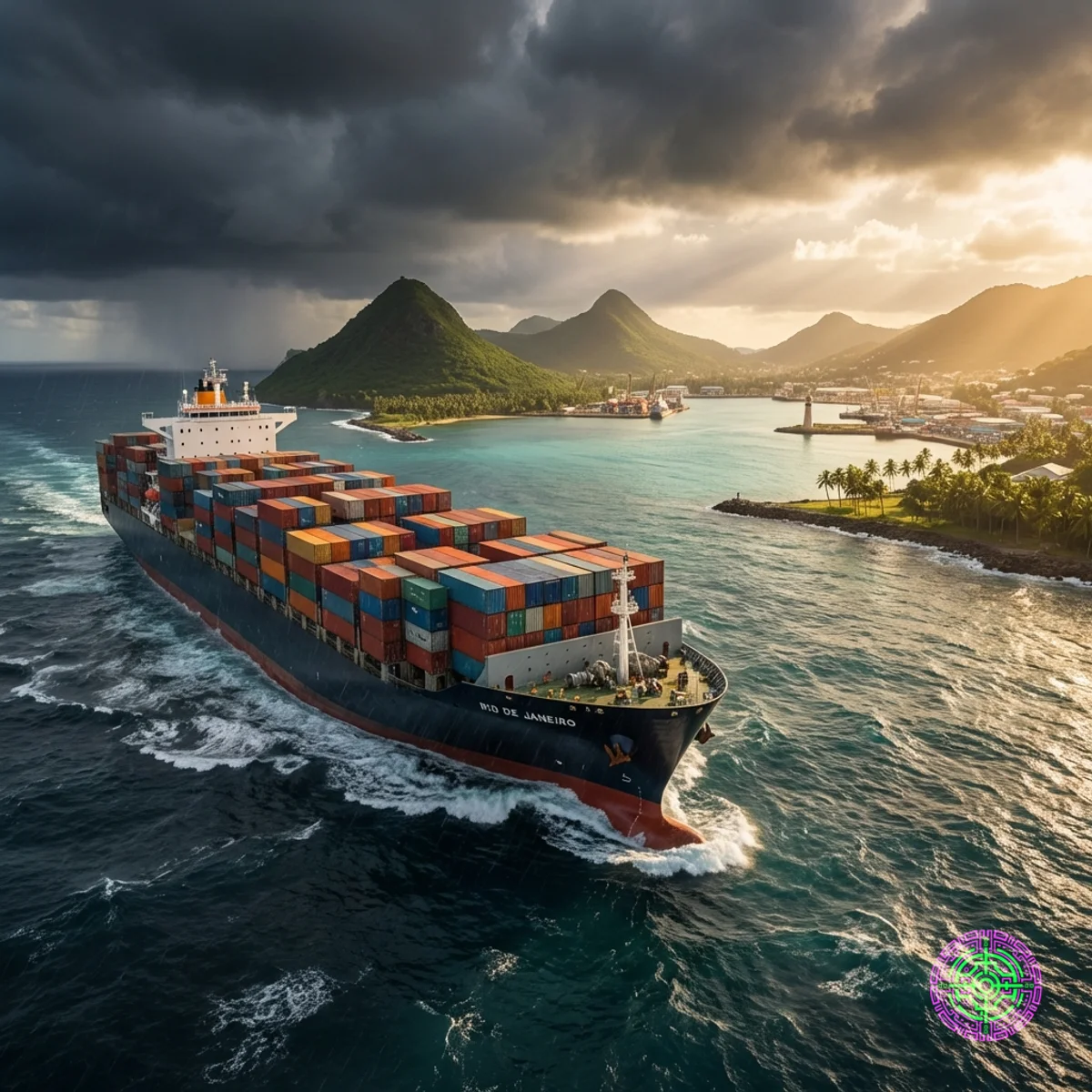 Um navio porta-contêineres deixando águas tempestuosas para um porto tropical calmo, simbolizando a fuga de capitais para o Sul Global.