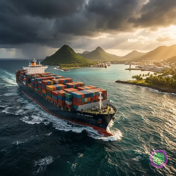 A container ship leaving stormy waters for a calm tropical harbor, symbolizing capital flight to the Global South.