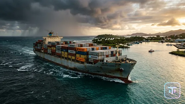 Ein Containerschiff, das stürmische Gewässer in Richtung eines ruhigen tropischen Hafens verlässt und die Kapitalflucht in den globalen Süden symbolisiert.