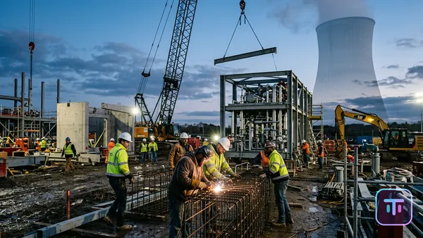 A cinematic shot of a modern SMR construction site with a ghostly outline of a traditional cooling tower in the background.