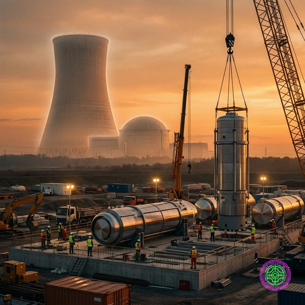 A cinematic shot of a modern SMR construction site with a ghostly outline of a traditional cooling tower in the background.