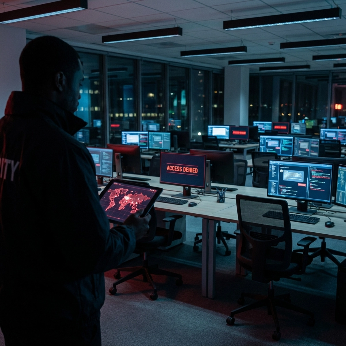 Security professional monitoring network alerts in a dark corporate office with screens displaying Access Denied