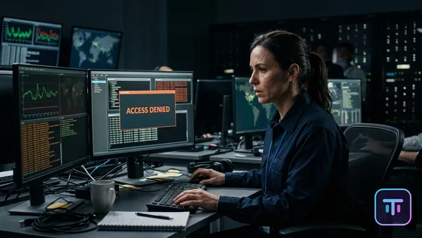 Security professional monitoring network alerts in a dark corporate office with screens displaying Access Denied