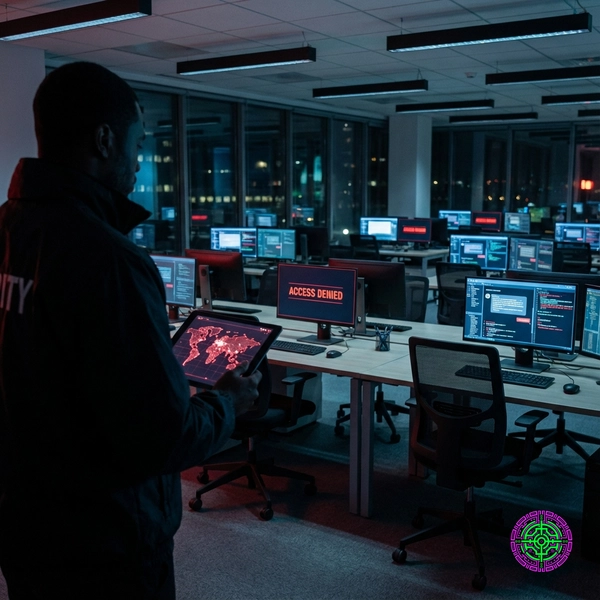 Security professional monitoring network alerts in a dark corporate office with screens displaying Access Denied