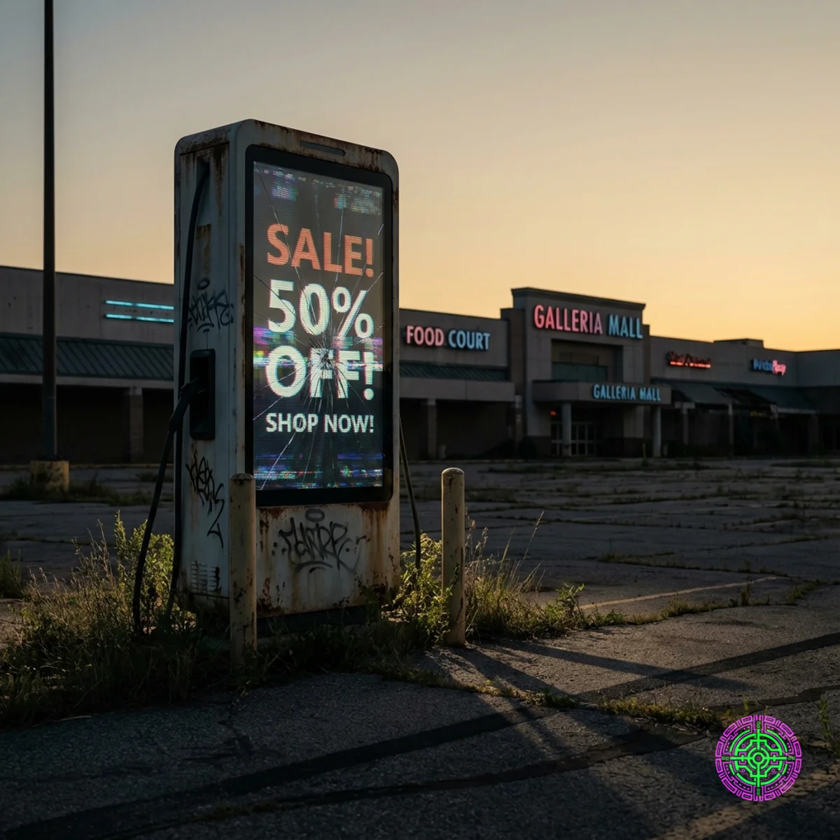 Une borne de recharge pour véhicules électriques d'aspect abandonné sur le parking d'un centre commercial avec une publicité défectueuse.