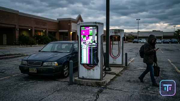 An abandoned looking EV charging station in a mall parking lot with a glitched advertisement.