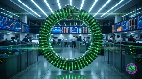 Glowing green GPU server blades arranged in a circular loop on a Wall Street trading floor, symbolizing the circular financing structure of AI chip deals.