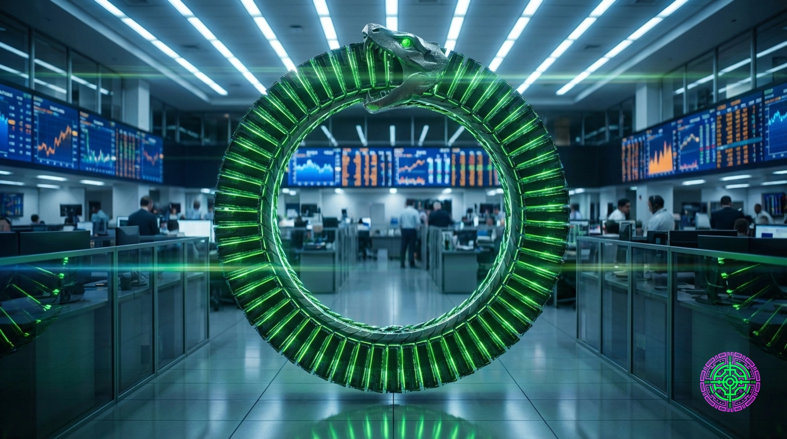 Glowing green GPU server blades arranged in a circular loop on a Wall Street trading floor, symbolizing the circular financing structure of AI chip deals.