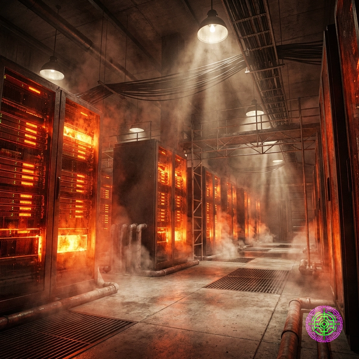 A massive data center with server racks glowing red hot like molten aluminum in a foundry.