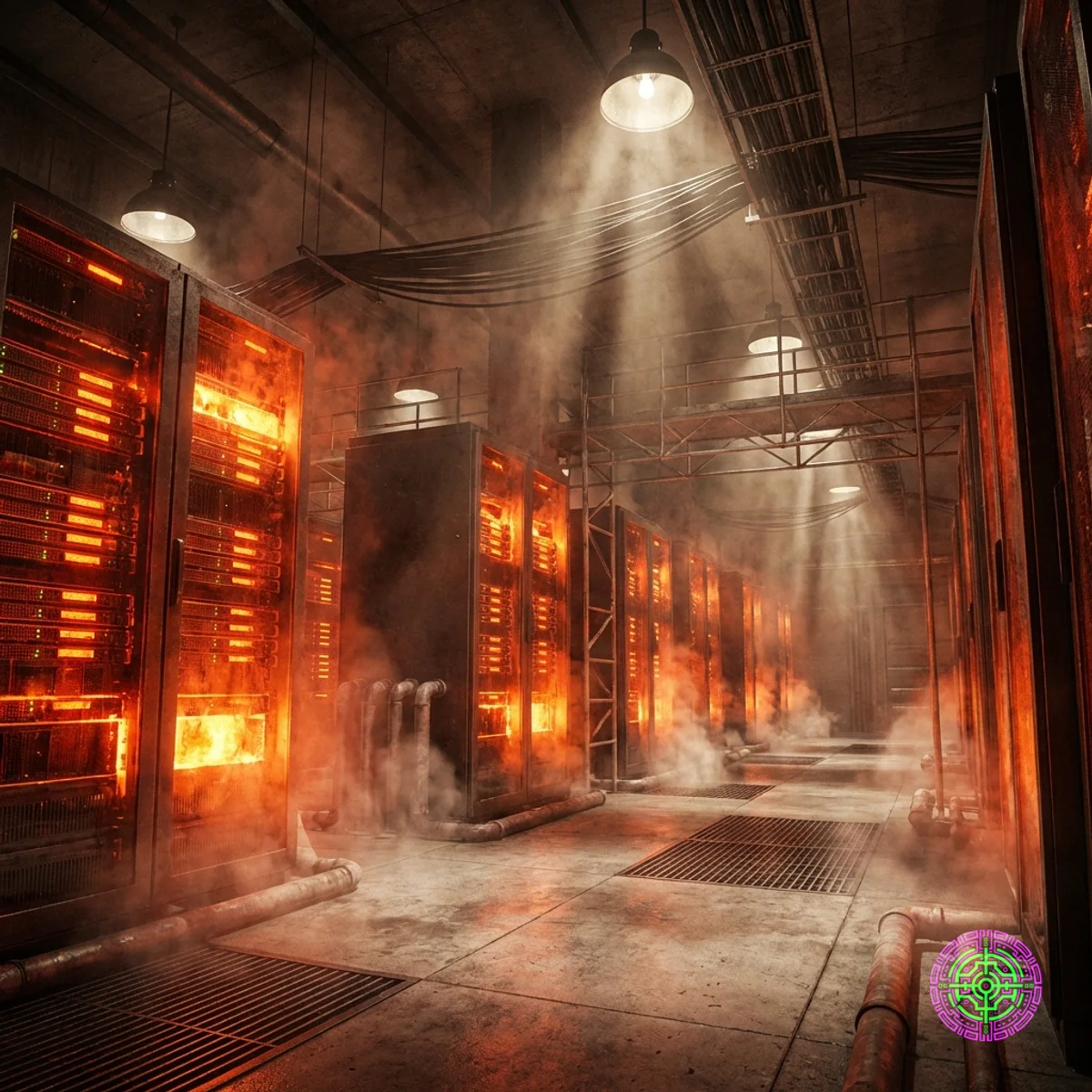 Ein riesiges Rechenzentrum mit Server-Racks, die rot glühen wie geschmolzenes Aluminium in einer Gießerei.
