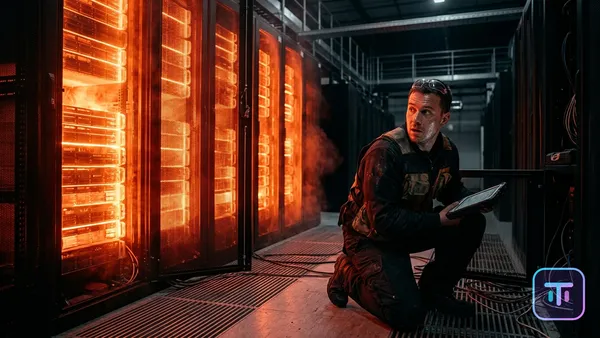 A massive data center with server racks glowing red hot like molten aluminum in a foundry.