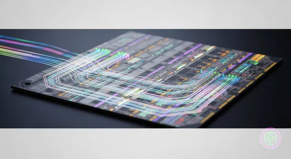 A microscopic view of a silicon photonics chip utilizing light for data transmission.
