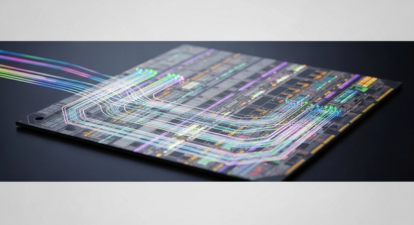 A microscopic view of a silicon photonics chip utilizing light for data transmission.