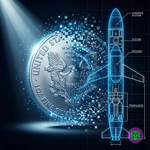 A stylized rendering of a silver coin dissolving into digital dust alongside a cruise missile blueprint