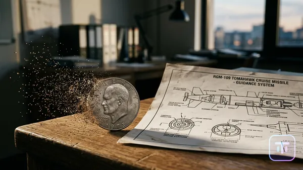 A stylized rendering of a silver coin dissolving into digital dust alongside a cruise missile blueprint