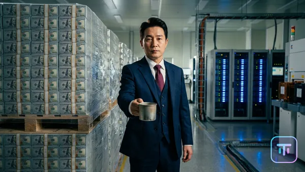 A memory chip foundry executive holding out a small tin cup under a towering stack of cash, editorial photojournalism