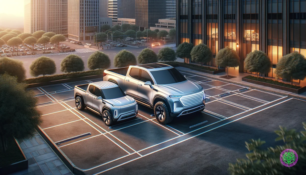 Un pick-up électrique compact garé facilement dans une rue de la ville, tandis qu'un pick-up électrique massif et coûteux a du mal à se garer en arrière-plan.