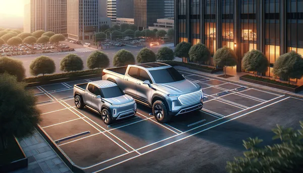 A compact electric pickup truck parked easily on a city street, while a massive, expensive electric truck struggles to park in the background.