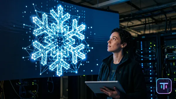 Futuristic digital snowflake icon composed of data nodes and connecting lines, glowing blue and white against a dark background, representing cloud data and AI growth.