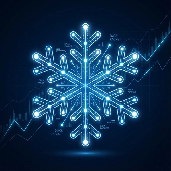 Futuristic digital snowflake icon composed of data nodes and connecting lines, glowing blue and white against a dark background, representing cloud data and AI growth.