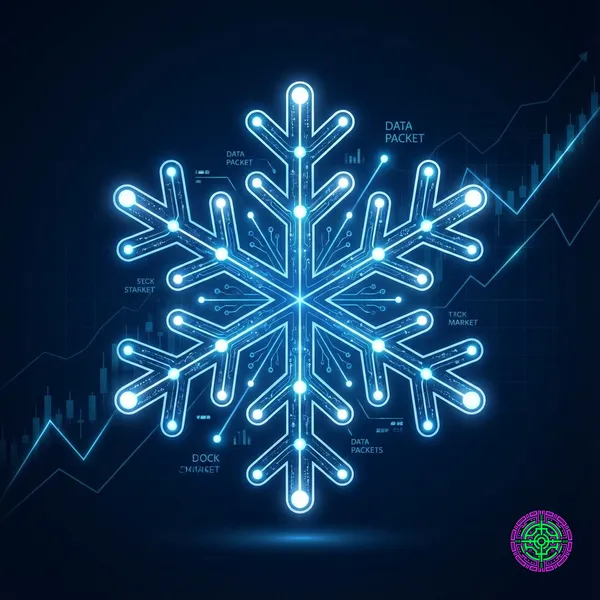 データノードと接続線で構成された未来的なデジタル雪の結晶アイコン。暗い背景に対して青と白に光り、クラウドデータと AI の成長を表しています。