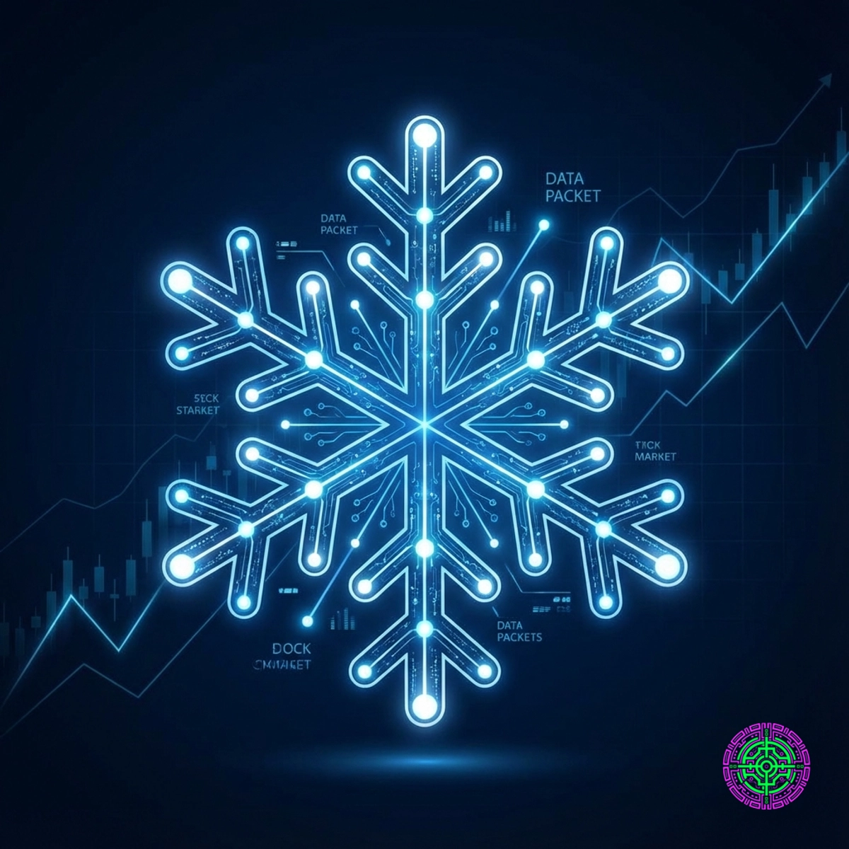 Futuristic digital snowflake icon composed of data nodes and connecting lines, glowing blue and white against a dark background, representing cloud data and AI growth.