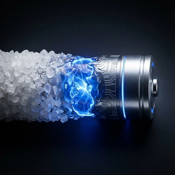 Close up of salt crystals morphing into a futuristic battery cell