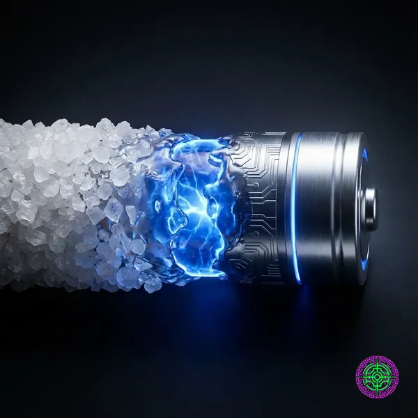 Close up of salt crystals morphing into a futuristic battery cell