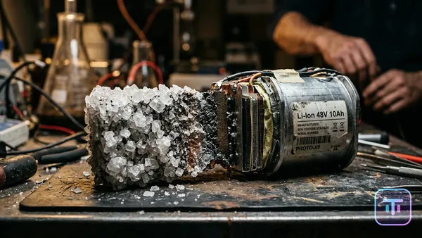 Primer plano de cristales de sal que se transforman en una celda de batería futurista