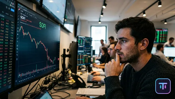 Chart showing SOFI stock drop with fintech background
