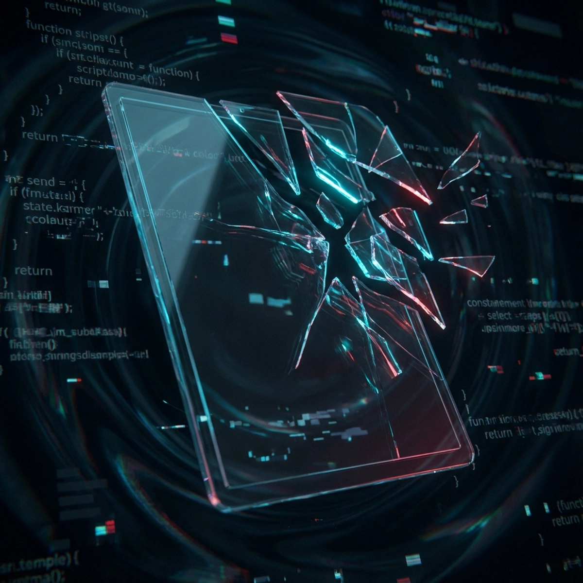 A digital abstract representation of fracturing code blocks and glitching interfaces.