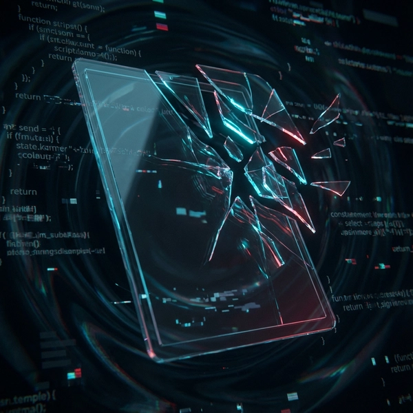 A digital abstract representation of fracturing code blocks and glitching interfaces.