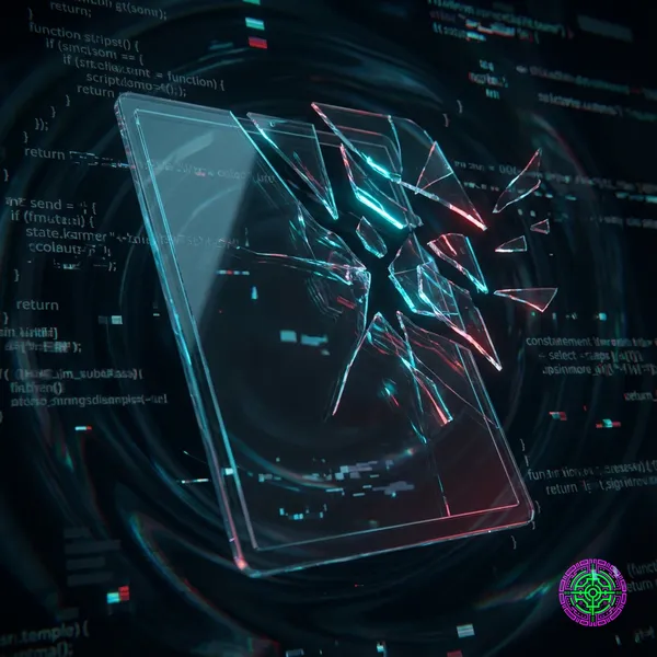 A digital abstract representation of fracturing code blocks and glitching interfaces.