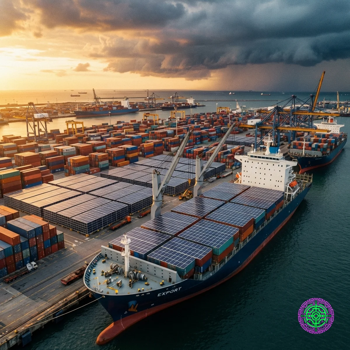 Aerial view of a massive shipping port overflowing with solar panels, with a storm cloud looming over container ships.