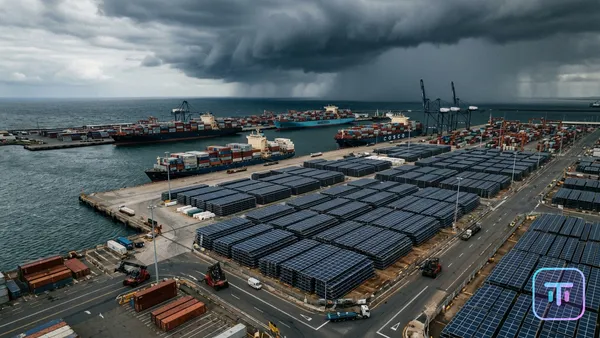 Aerial view of a massive shipping port overflowing with solar panels, with a storm cloud looming over container ships.