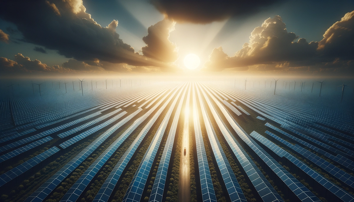 Weite Solarparklandschaft unter strahlender Sonne, die das Wachstum erneuerbarer Energien darstellt