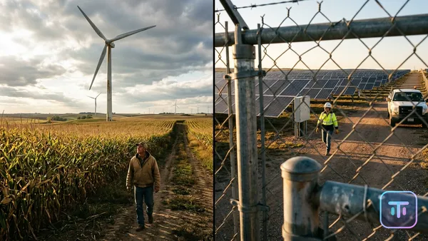 Split screen showing wind turbines over a cornfield versus a solar farm behind a chain link fence
