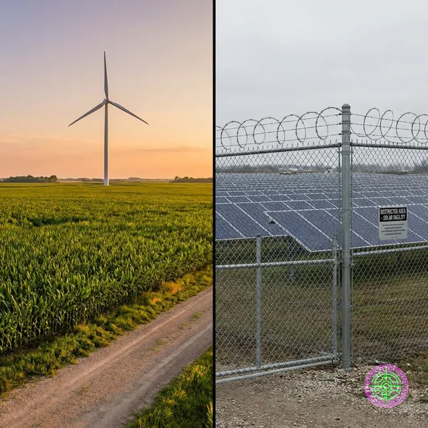 Split screen showing wind turbines over a cornfield versus a solar farm behind a chain link fence