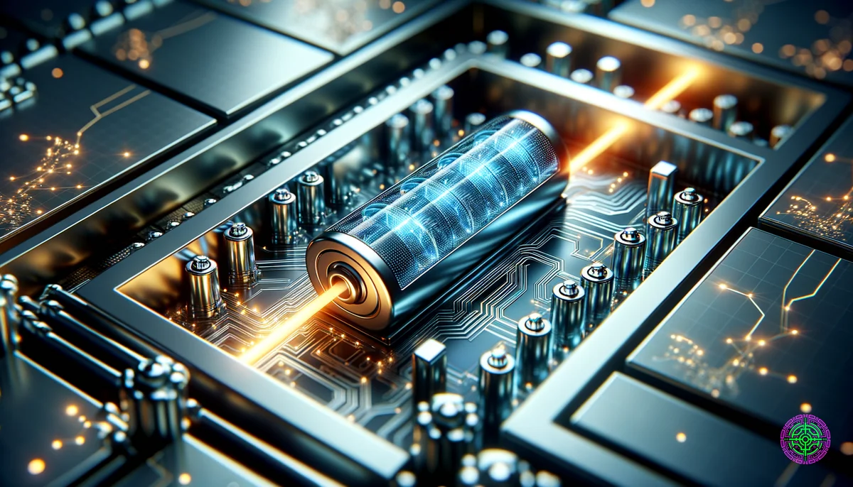Uma visualização de alta tecnologia de uma célula de bateria de estado sólido com fluxo de energia brilhante.