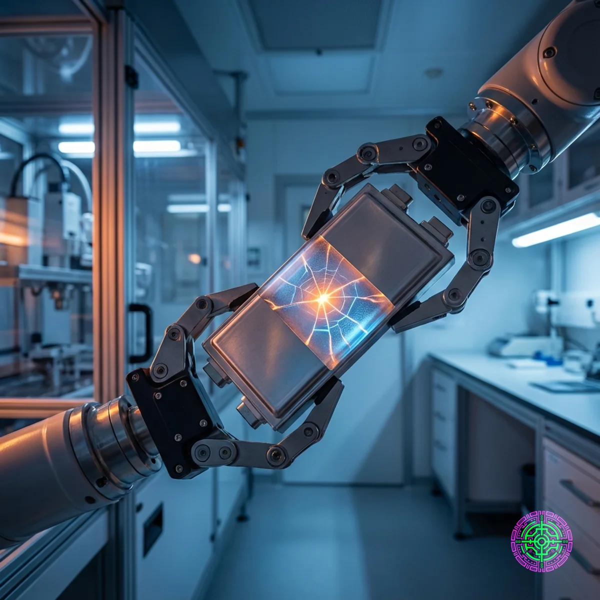 Ein Roboterarm, der eine gerissene Festkörperbatteriezelle in einem High-Tech-Fertigungslabor hält.