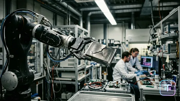 A robotic arm holding a cracked solid-state battery cell in a high-tech manufacturing lab.