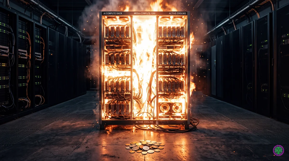 Un enorme bastidor de servidores GPU brillante que arde al rojo blanco, con una pequeña pila de monedas en el suelo debajo, que representa la brecha entre los costos de computación de la IA y los ingresos del consumidor.