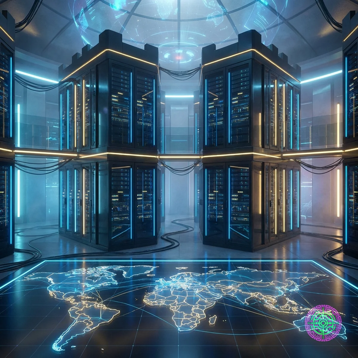 Futuristische Rechenzentrums-Karte mit souveränen KI-Nationen