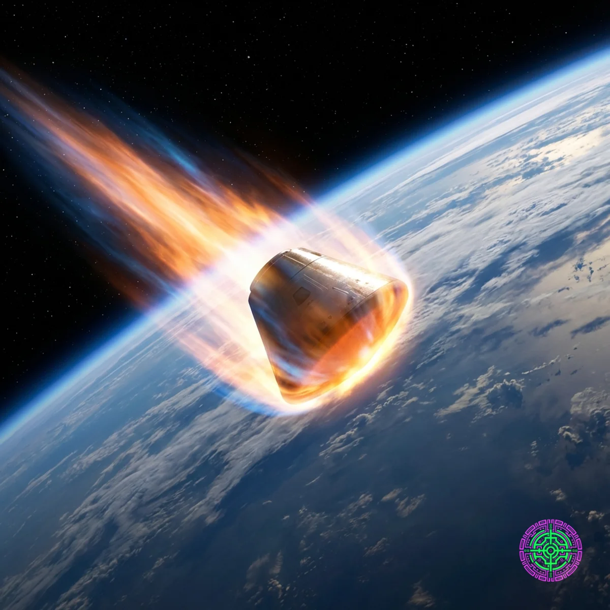A Varda manufacturing capsule re-entering Earth's atmosphere with a glowing plasma trail