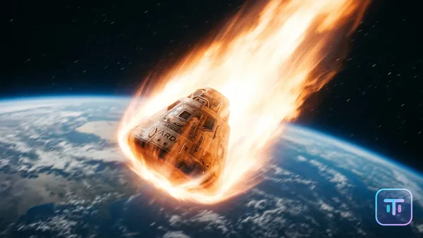 A Varda manufacturing capsule re-entering Earth's atmosphere with a glowing plasma trail