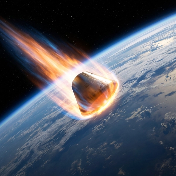 A Varda manufacturing capsule re-entering Earth's atmosphere with a glowing plasma trail